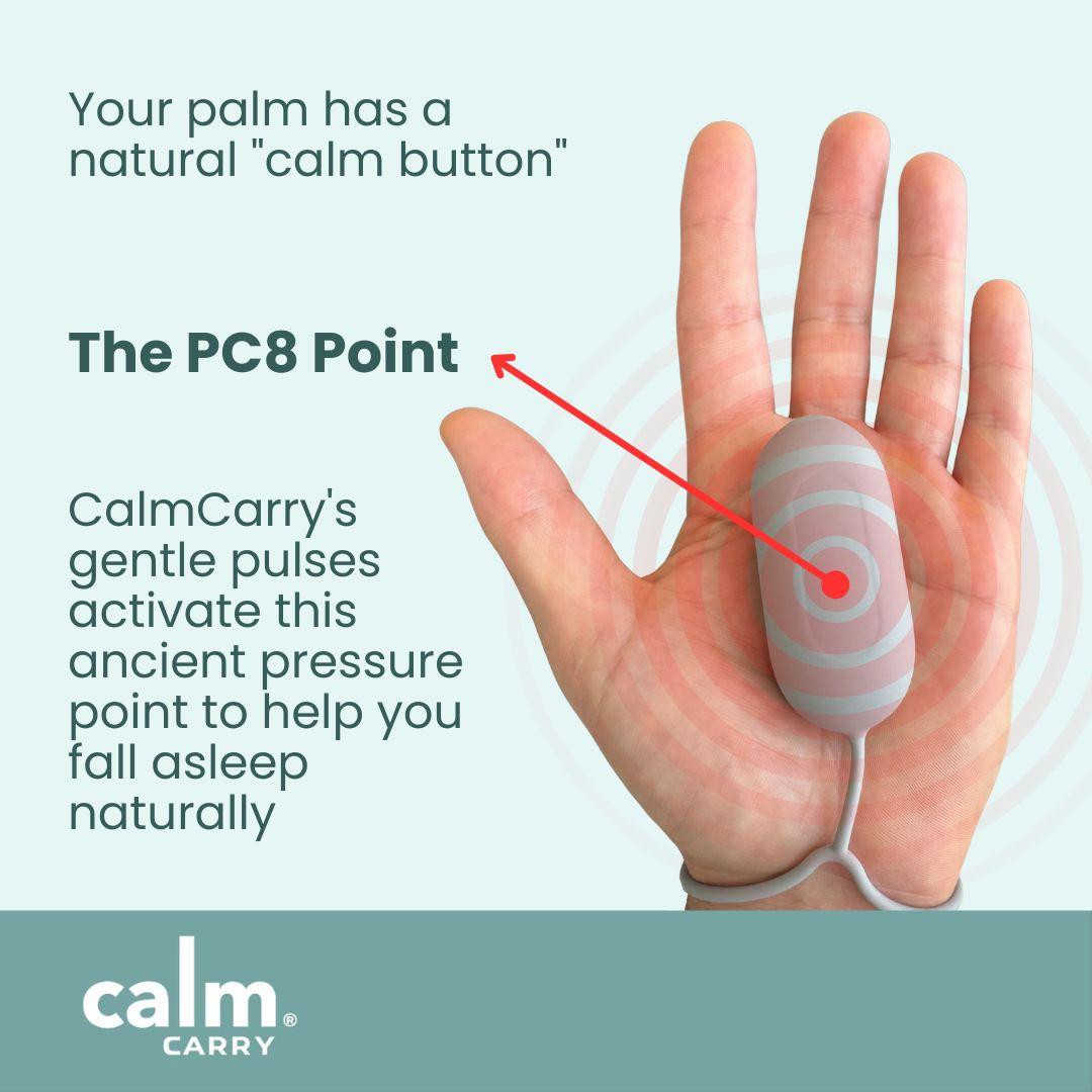 Glowco CalmCarry handheld sleep device placed in palm targeting PC8 acupressure point for natural anxiety relief and better sleep